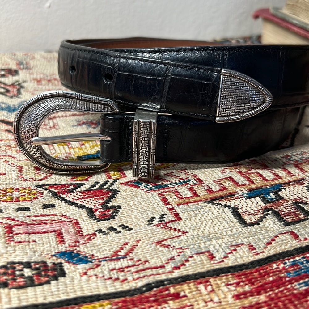 Brighton - Onyx Black Genuine Leather Belt with silver buckle and hardware. 34
